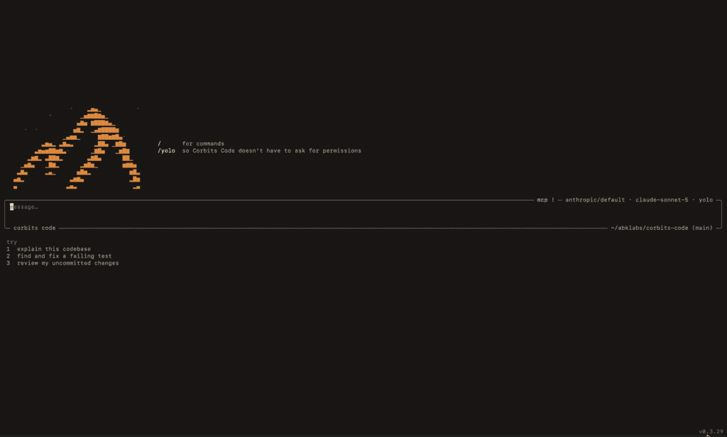Corbits Code welcome screen in the terminal, with a prompt box and suggested first tasks