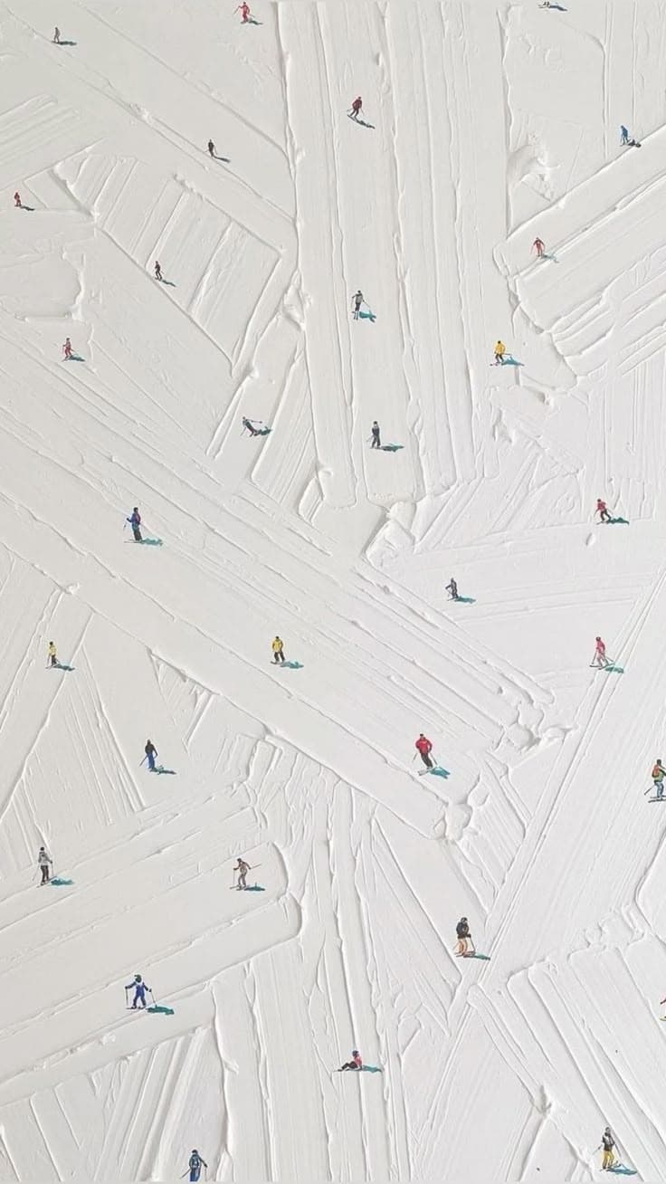 Painting of skiers crossing a snowy slope